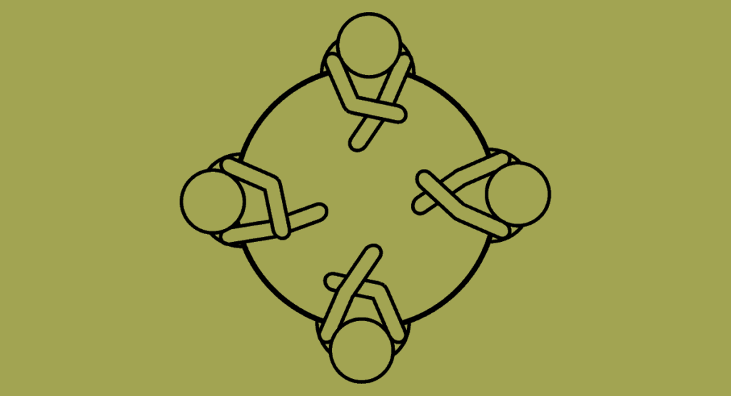 Illustration of four people sitting on the table. Tips on managing a team where employees are not getting along